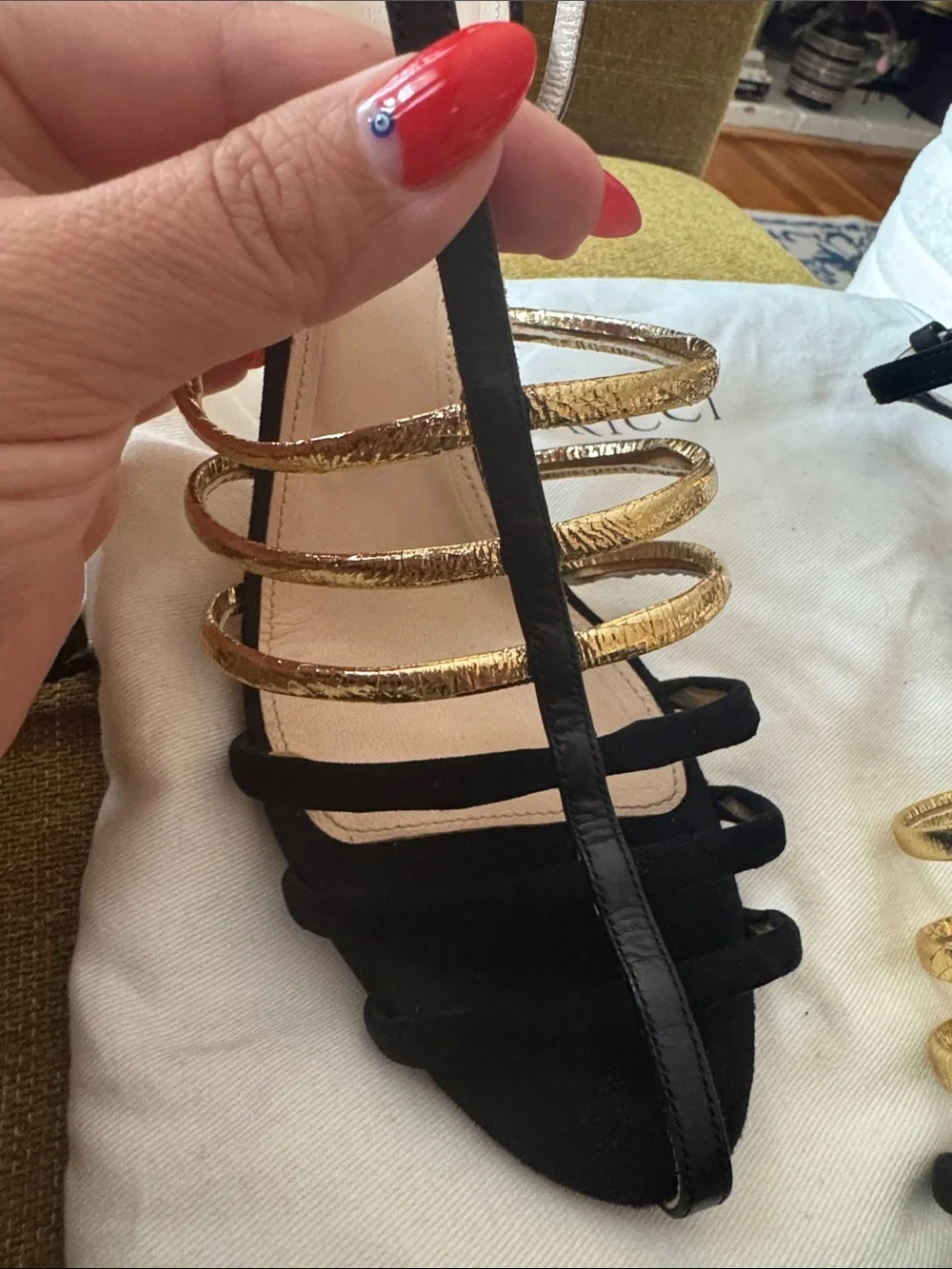 Nina Ricci Black and Gold Strappy T‑Bar Stiletto Sandals